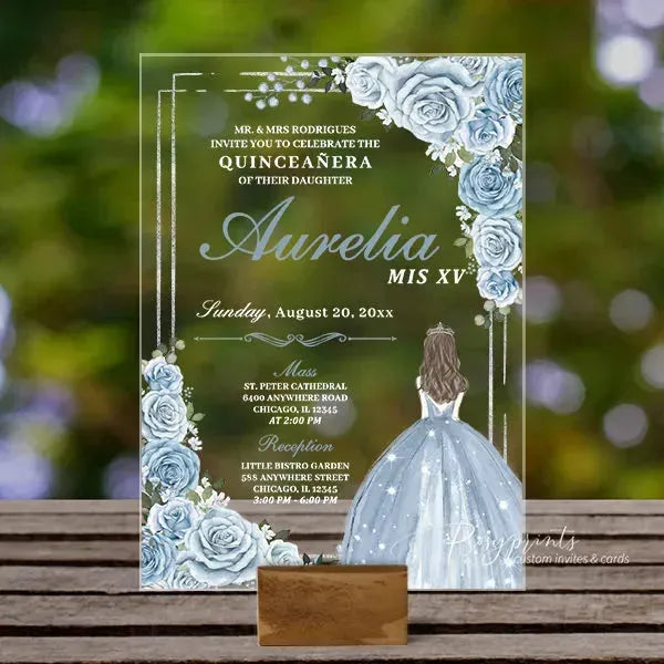 blue and silver acrylic quinceanera invitations ROSYA53