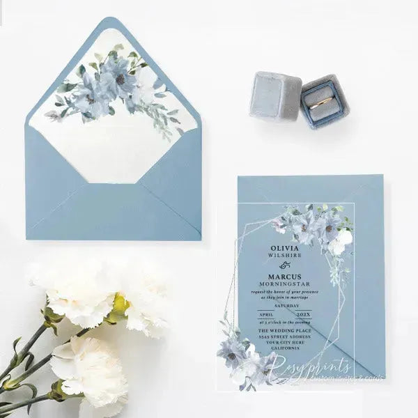 dusty blue and white acrylic wedding invitations ROSYA27