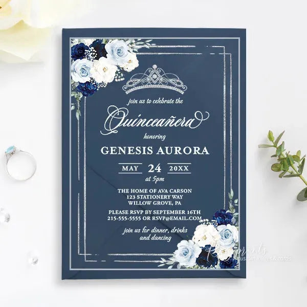 navy blue elegant acrylic quinceanera invitations ROSYA50