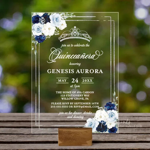 navy blue elegant acrylic quinceanera invitations ROSYA50