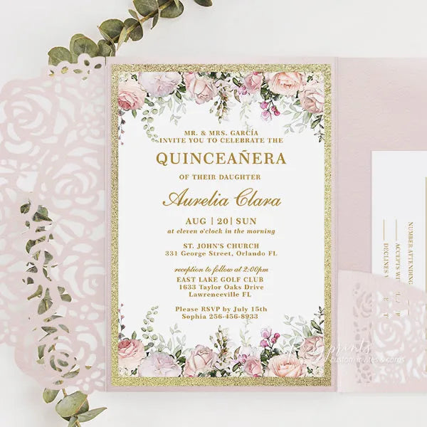 pink and gold sweet 16 quinceanera invitations ROSYP24