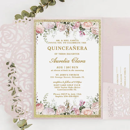 pink and gold sweet 16 quinceanera invitations ROSYP24