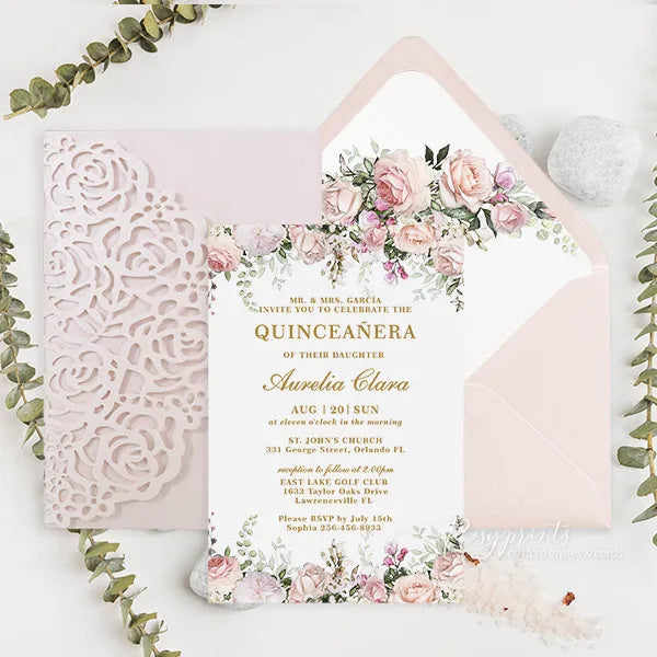 pink and gold sweet 16 quinceanera invitations ROSYP24