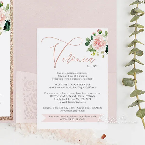 blush pink floral quinceanera sweet 16 invitations ROSYP22