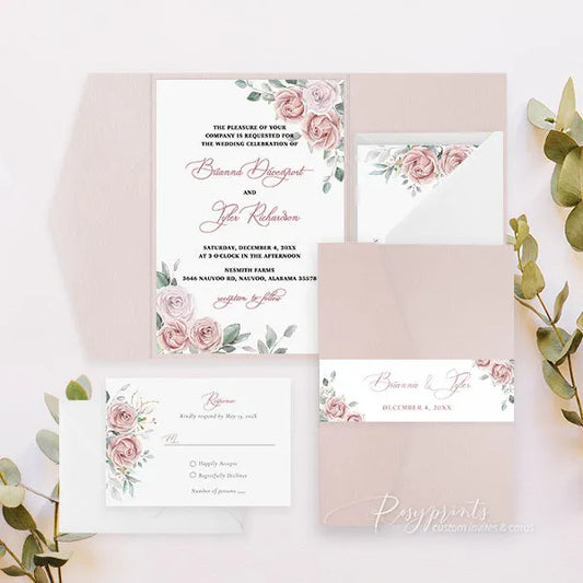 pastel rose pink rustic floral wedding invitations RPS41 - Rosy Prints