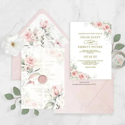 dusty rose floral vellum wedding invitations ROSYV04 - Rosy Prints