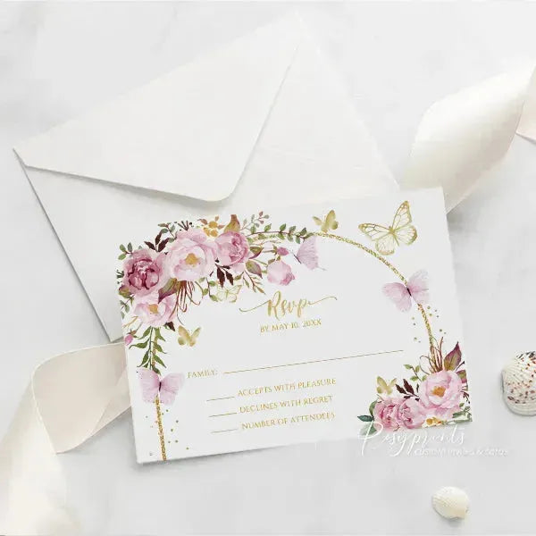 pink and gold butterfly acrylic quince invitations ROSYA59