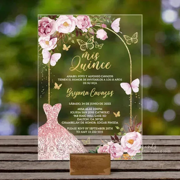 pink and gold butterfly acrylic quince invitations ROSYA59