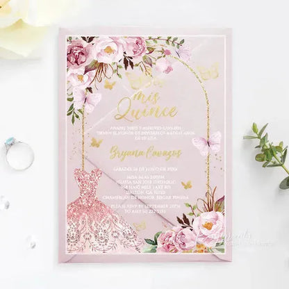 pink and gold butterfly acrylic quince invitations ROSYA59