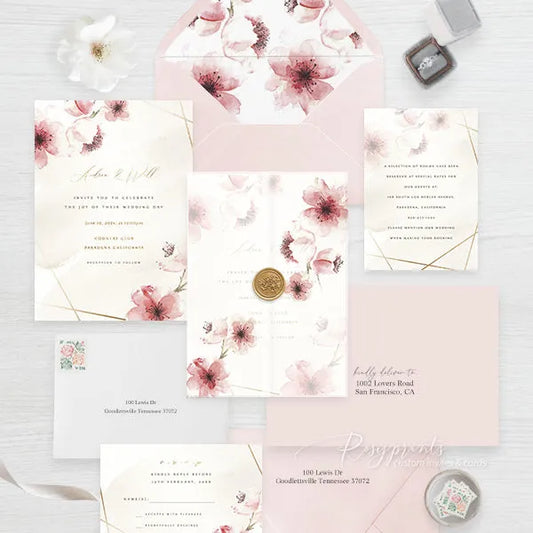 pink cheery blossom spring flowers wedding invitations RPV14 - Rosy Prints