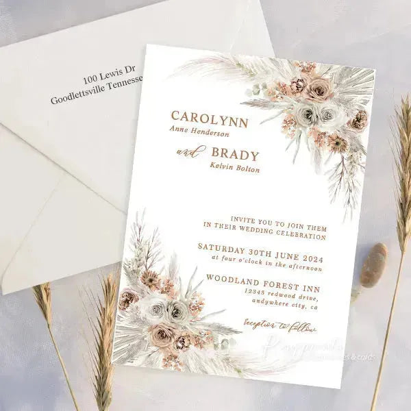 Earth tone boho floral vellum wedding invitations ROSYV05