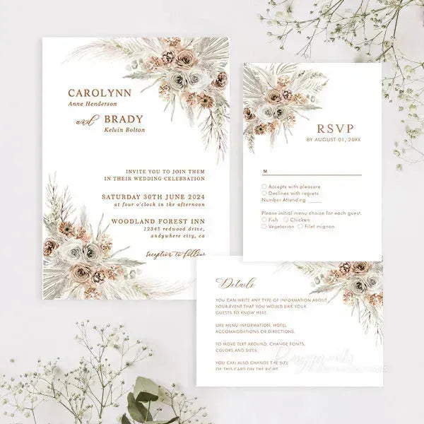 Earth tone boho floral vellum wedding invitations ROSYV05