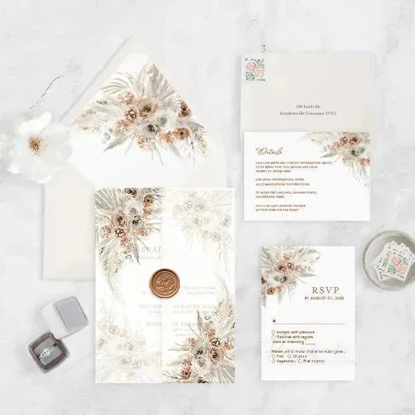 Earth tone boho floral vellum wedding invitations ROSYV05