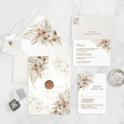 Earth tone boho floral vellum wedding invitations ROSYV05