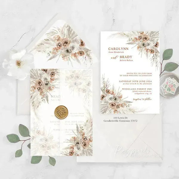 Earth tone boho floral vellum wedding invitations ROSYV05