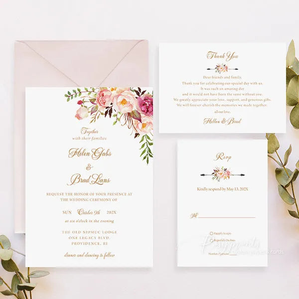 rustic blush pink flowers boho wedding invitations RPS39 - Rosy Prints