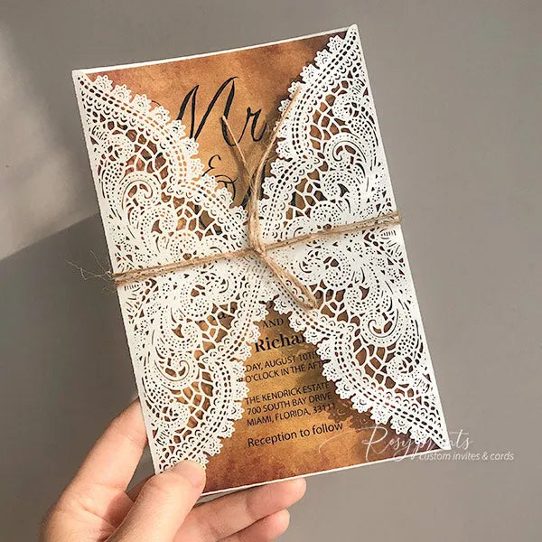 earthy boho vintage rustic laser cut wedding invitations