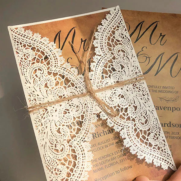 earthy boho vintage rustic laser cut wedding invitations