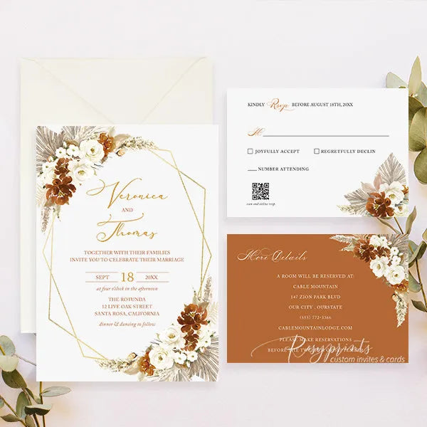 Terracotta White Flowers Boho Wedding Invitations RPS47