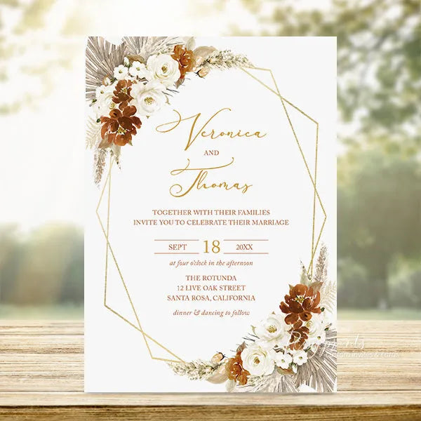 Terracotta White Flowers Boho Wedding Invitations RPS47