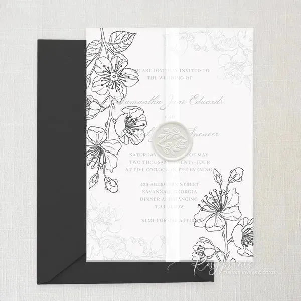 botanical floral black and white wedding invitations ROSYV01