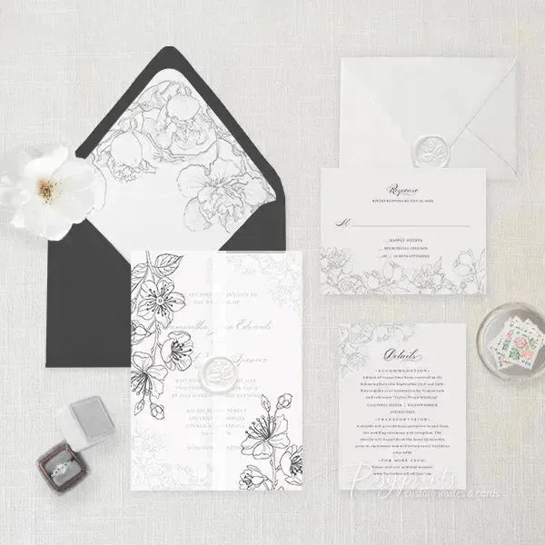 botanical floral black and white wedding invitations ROSYV01