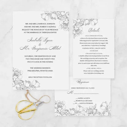 botanical floral black and white wedding invitations ROSYV01