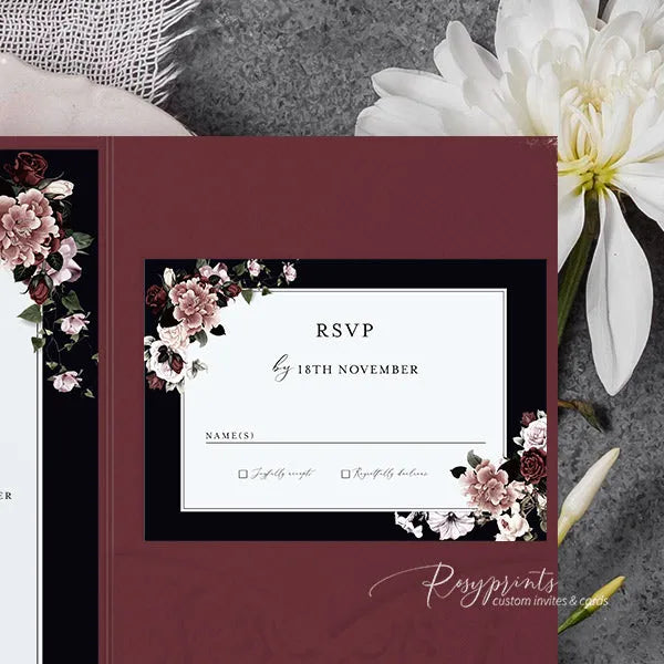 dusty rose black and burgundy wedding invitations ROSYP23