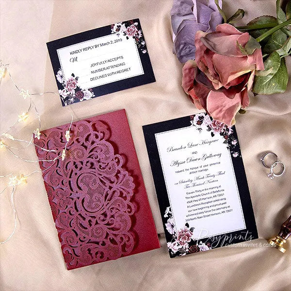 dusty rose black and burgundy wedding invitations