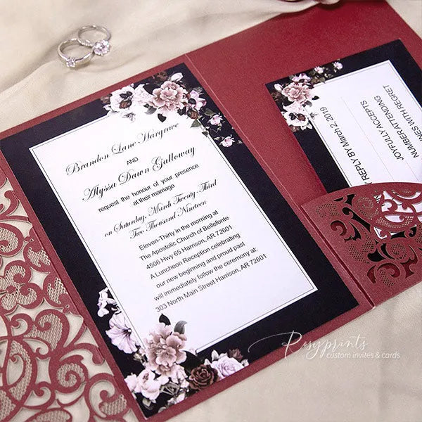 dusty rose black and burgundy wedding invitations