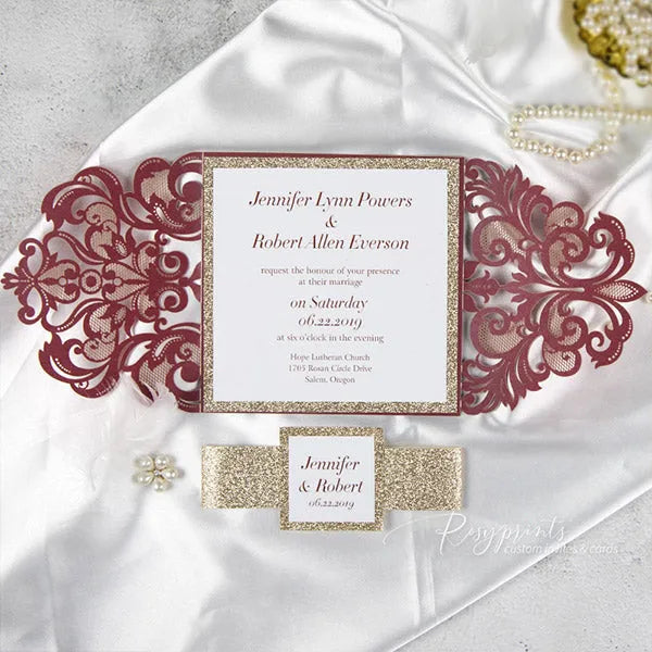 modern elegant burgundy and gold wedding invitations ROSYG21