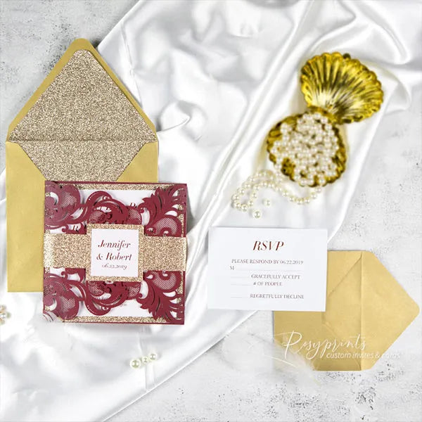 modern elegant burgundy and gold wedding invitations ROSYG21