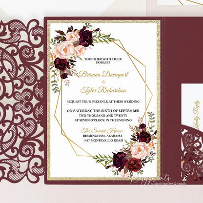 burgundy pink gold rustic wedding invitations ROSYP33