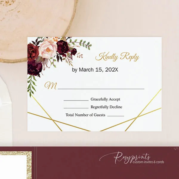 burgundy pink gold rustic wedding invitations ROSYP33