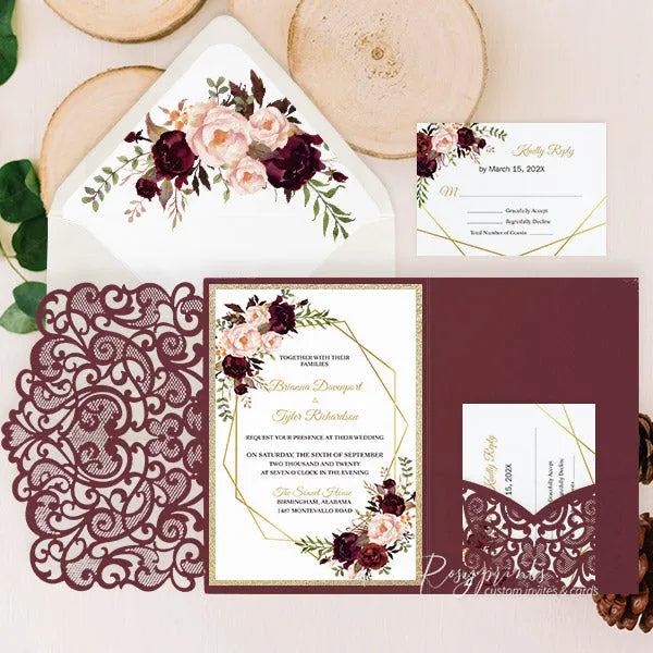 burgundy pink gold rustic wedding invitations ROSYP33