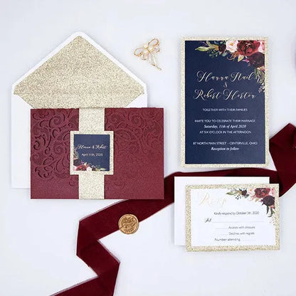 navy blue and burgundy pocket wedding invitations ROSYP01 - Rosy Prints