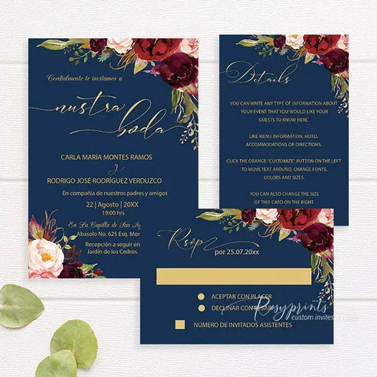 burgundy navy and gold rustic wedding invitations RPFLAT03 - Rosy Prints