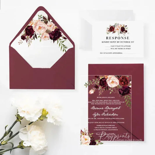 burgundy red flower acrylic wedding invitations ROSYA06 - Rosy Prints