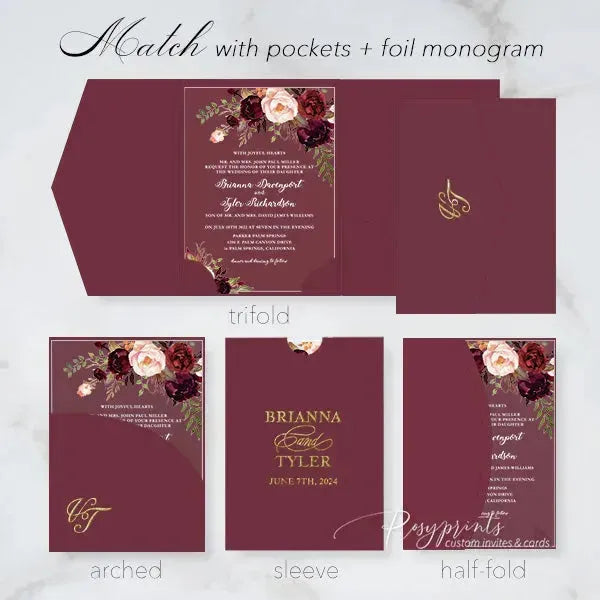 burgundy red flower acrylic wedding invitations ROSYA06 - Rosy Prints