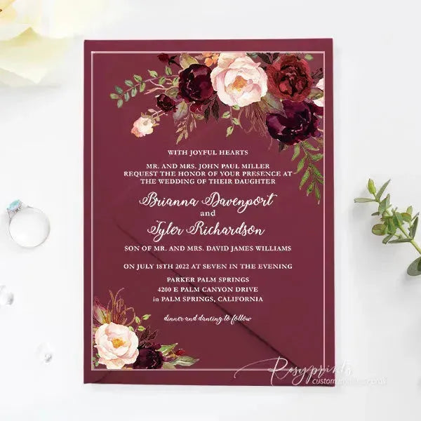 burgundy red flower acrylic wedding invitations ROSYA06 - Rosy Prints