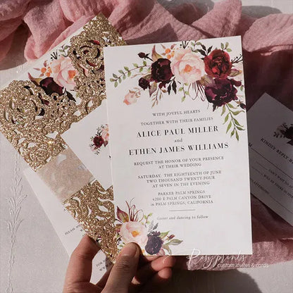 pink and burgundy gold floral wedding invitations ROSYG02 - Rosy Prints