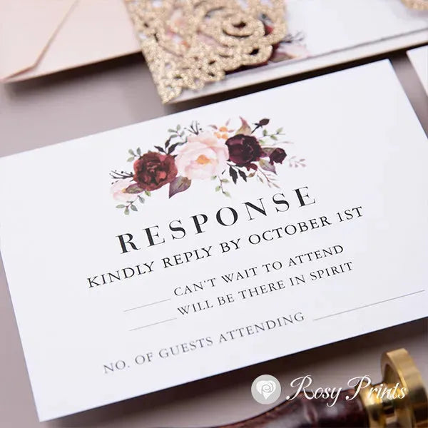 pink and burgundy gold floral wedding invitations ROSYG02 - Rosy Prints