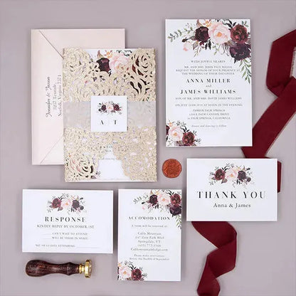 pink and burgundy gold floral wedding invitations ROSYG02 - Rosy Prints