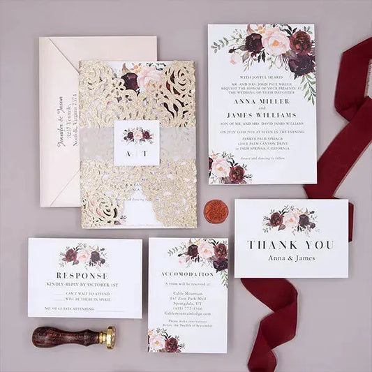 pink and burgundy floral gatefold wedding invitations ROSYG02