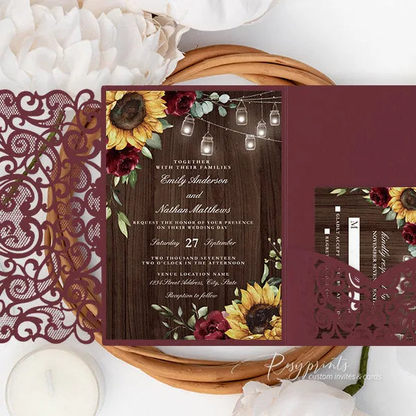 budget sunflower and burgundy wedding invitations ROSYP19 - Rosy Prints