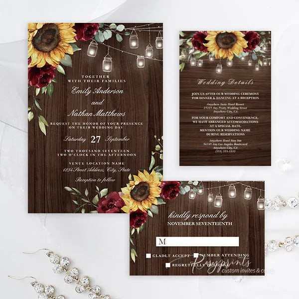 budget sunflower and burgundy wedding invitations ROSYP19 - Rosy Prints