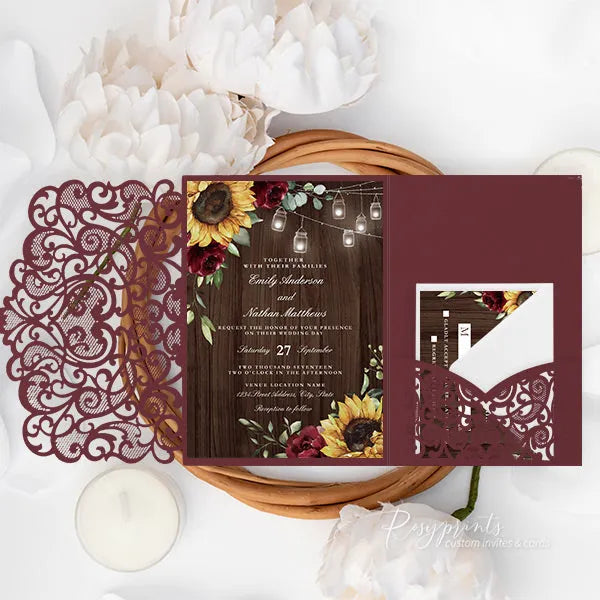 budget sunflower and burgundy wedding invitations ROSYP19 - Rosy Prints