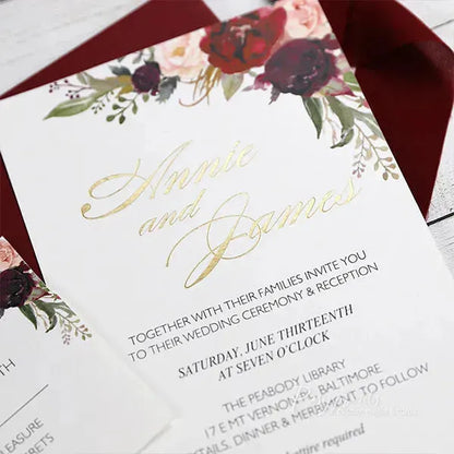 gold foil burgundy floral wedding invitations ROSYF05 - Rosy Prints