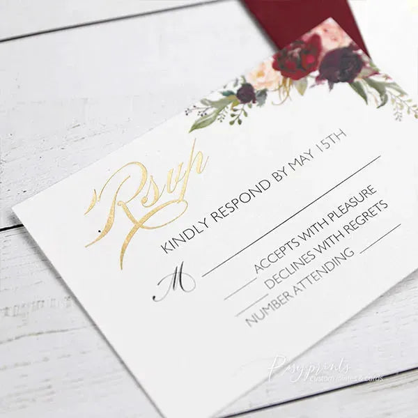 gold foil burgundy floral wedding invitations ROSYF05 - Rosy Prints