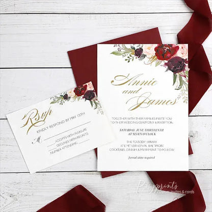 gold foil burgundy floral wedding invitations ROSYF05 - Rosy Prints